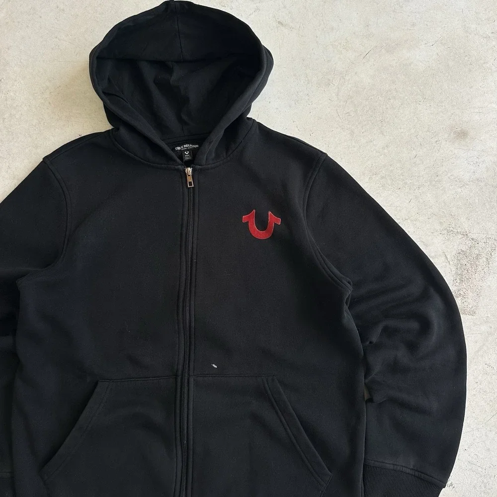 True Religion Men's M Black Full Zip Hoodie Graphic Logo Red Print Pockets